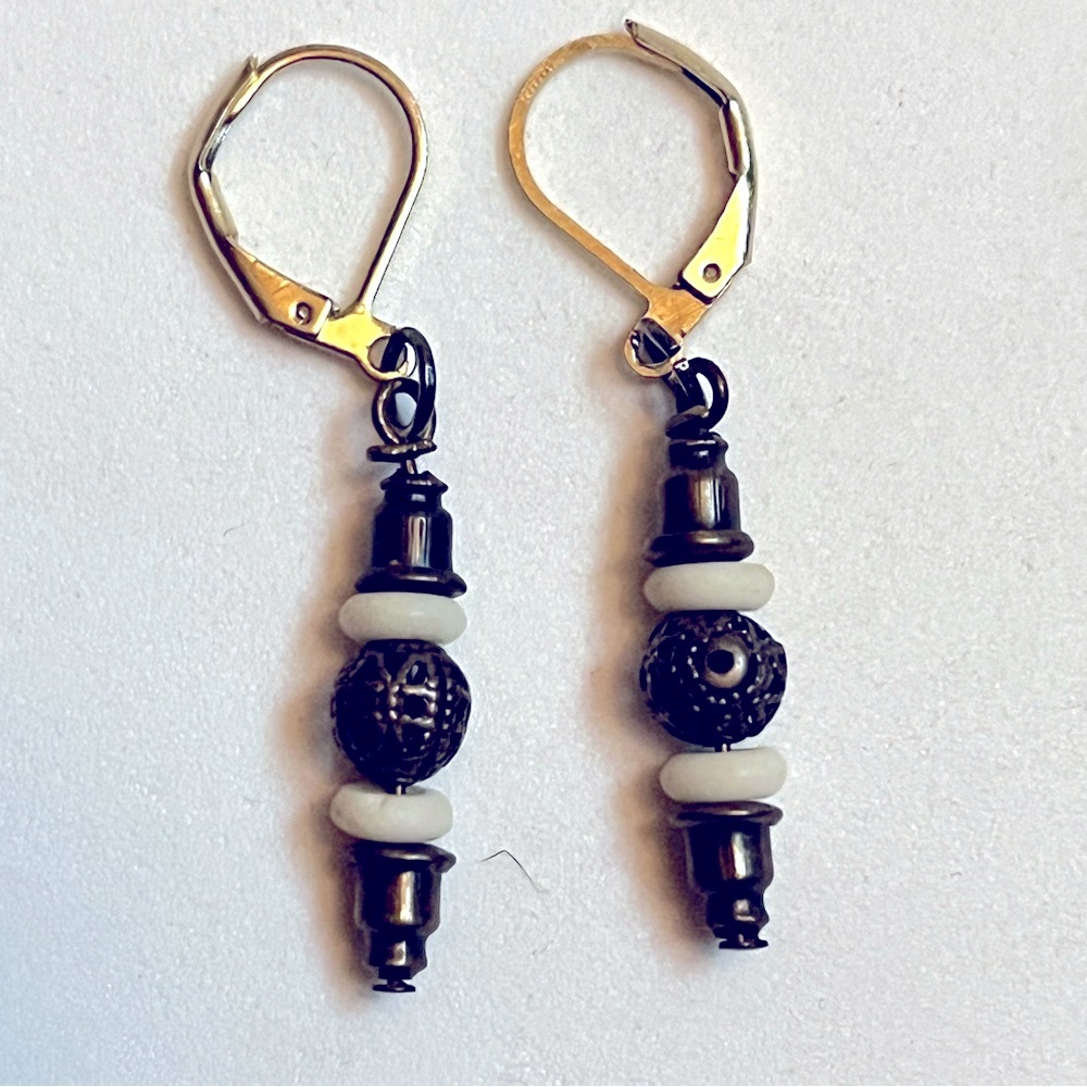 Deep Brown and White Geometric Beaded Earrings. Dangle. New